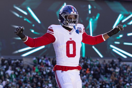 Jan 5, 2025; Philadelphia, Pennsylvania, USA; New York Giants linebacker Brian Burns (0) takes the field for action against the Philadelphia Eagles at Lincoln Financial Field. Mandatory Credit: Bill Streicher-Imagn Images