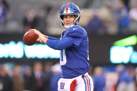 Dec 29, 2019; East Rutherford, New Jersey, USA; New York Giants quarterback Eli Manning (10) warms up before a game against the Philadelphia Eagles at MetLife Stadium. Mandatory Credit: Brad Penner-Imagn Images