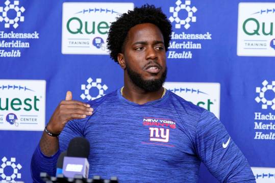 New York Giants assistant general manager Brandon Brown talks to reporters after the first day of mandatory minicamp at the Giants training center in East Rutherford on Tuesday, June 13, 2023.