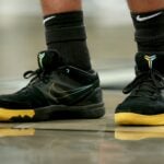 Apr 7, 2023; Brooklyn, New York, USA; Sneakers worn by Brooklyn Nets forward Cameron Johnson (2) during the fourth quarter at Barclays Center. Mandatory Credit: Brad Penner-USA TODAY Sports