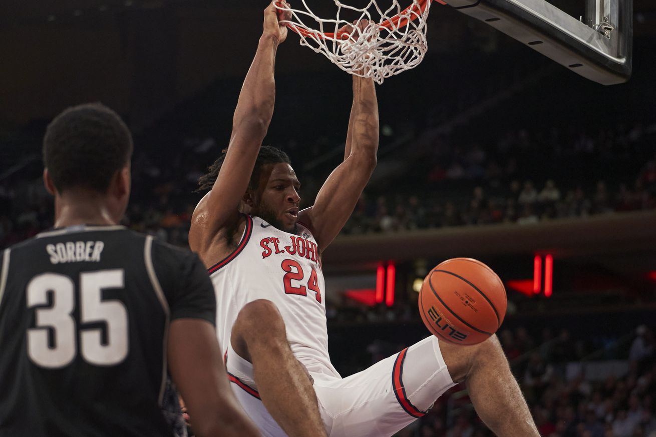 Zuby Ejiofor (#24) dunks the ball during the St. John’s Red Storm vs. Georgetown Hoyas men’s basketball game at Madison Square Garden in New York, New York on Tuesday, January 14, 2025. Photo credit to Chris Hagan (cdhagan.com).