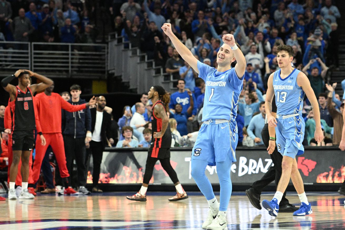 Dec 31, 2024; Omaha, Nebraska, USA; Creighton Bluejays guard Steven Ashworth (1) celebrates the win against the St. John’s Red Storm at CHI Health Center Omaha. Mandatory Credit: Steven Branscombe-Imagn Images