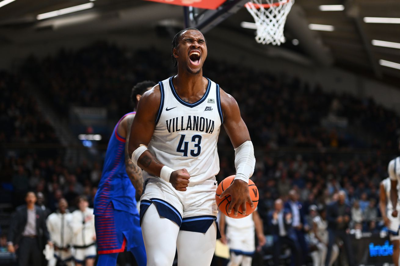 Jan 4, 2025; Villanova, Pennsylvania, USA; Villanova Wildcats forward Eric Dixon (43) reacts against the DePaul Blue Demons in the first half at William B. Finneran Pavilion. Mandatory Credit: Kyle Ross-Imagn Images