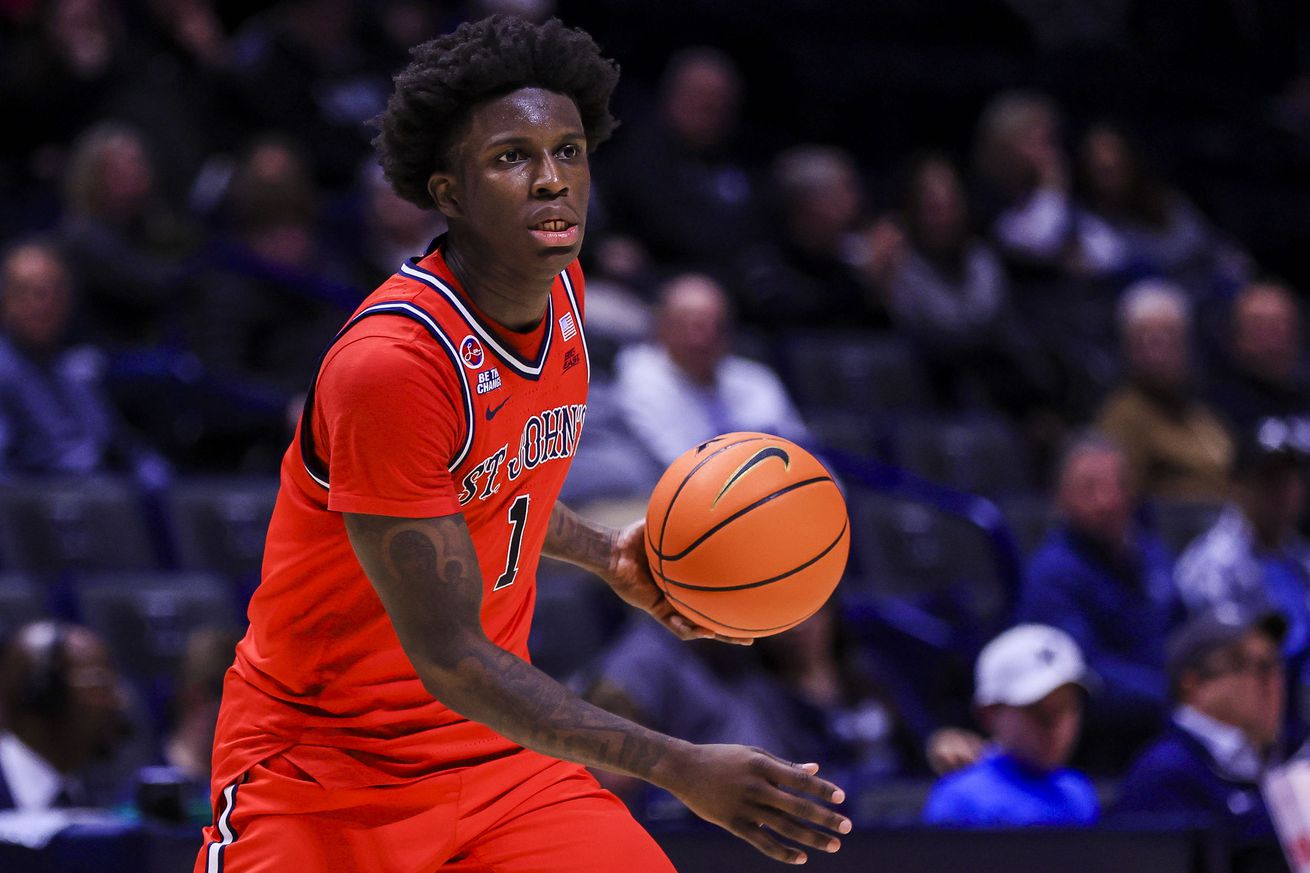 Jan 7, 2025; Cincinnati, Ohio, USA; St. John’s Red Storm guard Kadary Richmond (1) dribbles against the Xavier Musketeers in the second half at Cintas Center. Mandatory Credit: Katie Stratman-Imagn Images