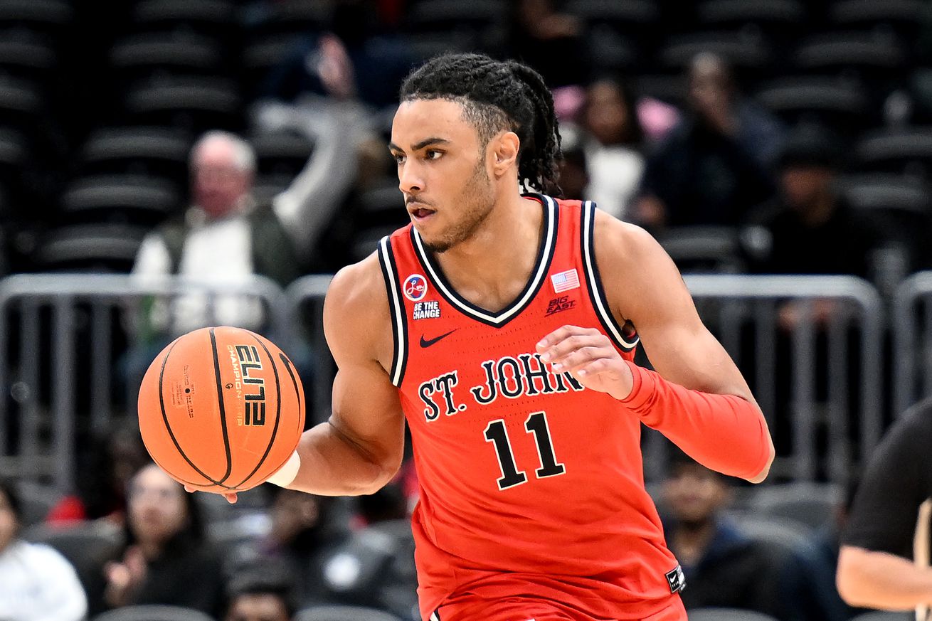 WASHINGTON, DC - JANUARY 28: Jaiden Glover #11 of the St. John’s Red Storm handles the ball against the Georgetown Hoyas at Capital One Arena on January 28, 2025 in Washington, DC.