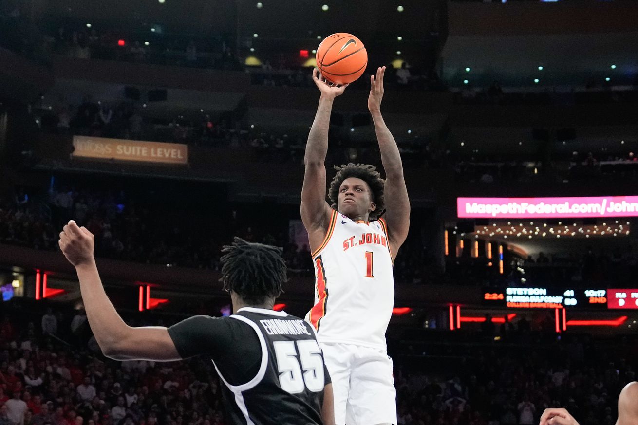 Kadary Richmond (#1) makes the game-winning mid-range jump shot over Oswin Erhunmwunse in the St. John’s Red Storm vs. Providence Friars men’s basketball game at Madison Square Garden in New York, New York on Saturday, February 1, 2025. Photo credit to Porter Binks/Getty Images.