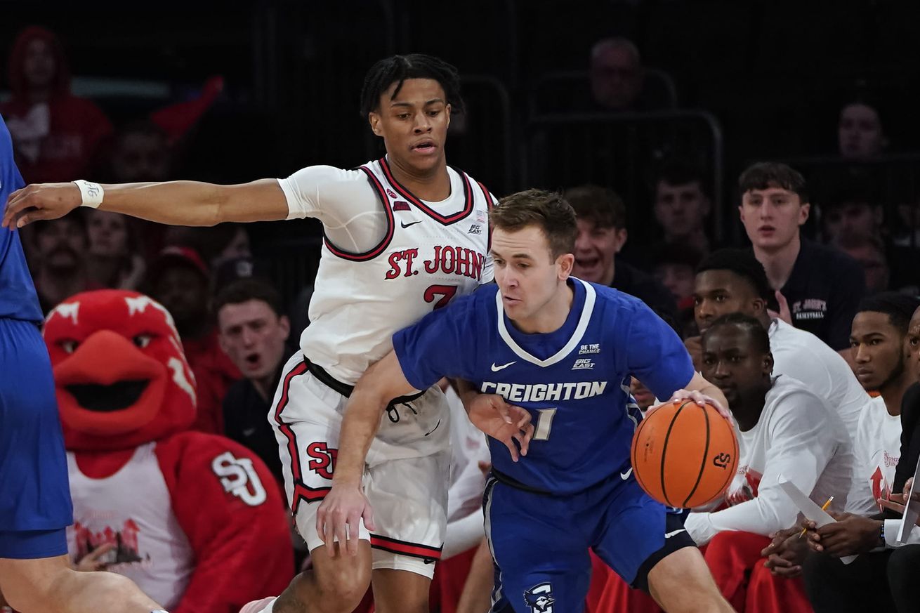 Simeon Wilcher (#7) guards Steven Ashworth (#1) during the St. John’s Red Storm vs. Creighton Bluejays men’s basketball game at Madison Square Garden in New York, New York on Sunday, February 16, 2025. Photo credit to Chris Hagan.