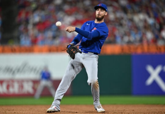 Sep 25, 2024; Philadelphia, Pennsylvania, USA; Chicago Cubs infielder Cody Bellinger (24) throws to first against the Philadelphia Phillies in the sixth inning at Citizens Bank Park. Mandatory Credit: Kyle Ross-Imagn Images