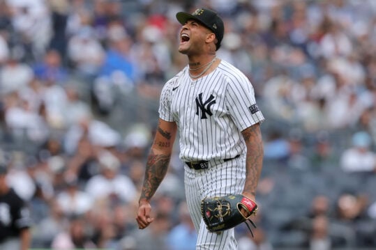 May 18, 2024; Bronx, New York, USA; New York Yankees starting pitcher Luis Gil (81) reacts after the final out in the top of the sixth inning against the Chicago White Sox at Yankee Stadium. Mandatory Credit: Brad Penner-USA TODAY Sports