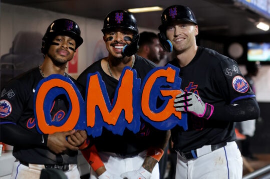 Aug 16, 2024; New York City, New York, USA; New York Mets left fielder Brandon Nimmo (9) celebrates his three run home run against the Miami Marlins with shortstop Francisco Lindor (12) and third baseman Mark Vientos (27) during the fourth inning at Citi Field. Mandatory Credit: Brad Penner-USA TODAY Sports