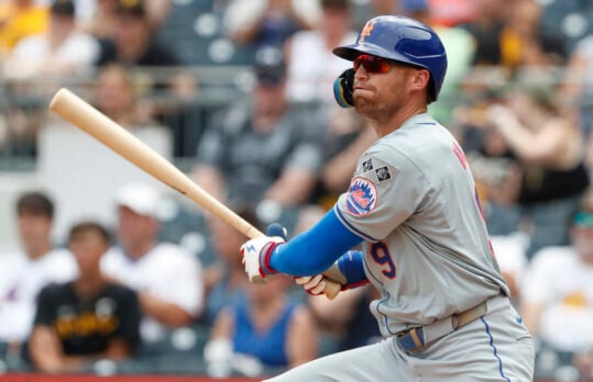 Jul 8, 2024; Pittsburgh, Pennsylvania, USA;  New York Mets left fielder Brandon Nimmo (9) hits a single against the Pittsburgh Pirates during the eighth inning at PNC Park.  The Pirates won 8-2. Mandatory Credit: Charles LeClaire-USA TODAY Sports