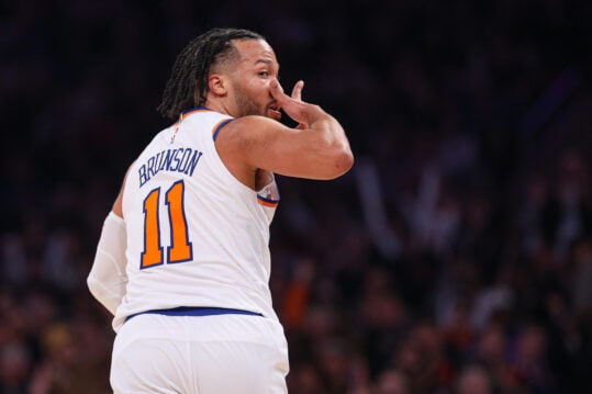 Jan 20, 2025; New York, New York, USA; New York Knicks guard Jalen Brunson (11) reacts after a basket during the first half against the Atlanta Hawks at Madison Square Garden. Mandatory Credit: Vincent Carchietta-Imagn Images