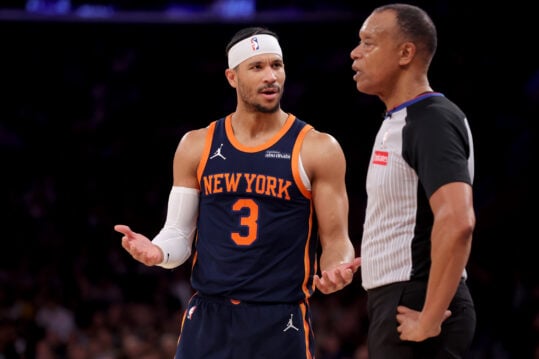 Jan 29, 2025; New York, New York, USA; New York Knicks guard Josh Hart (3) argues with referee Rodney Mott (71) after being called for a technical foul during the fourth quarter against the Denver Nuggets at Madison Square Garden. Mandatory Credit: Brad Penner-Imagn Images