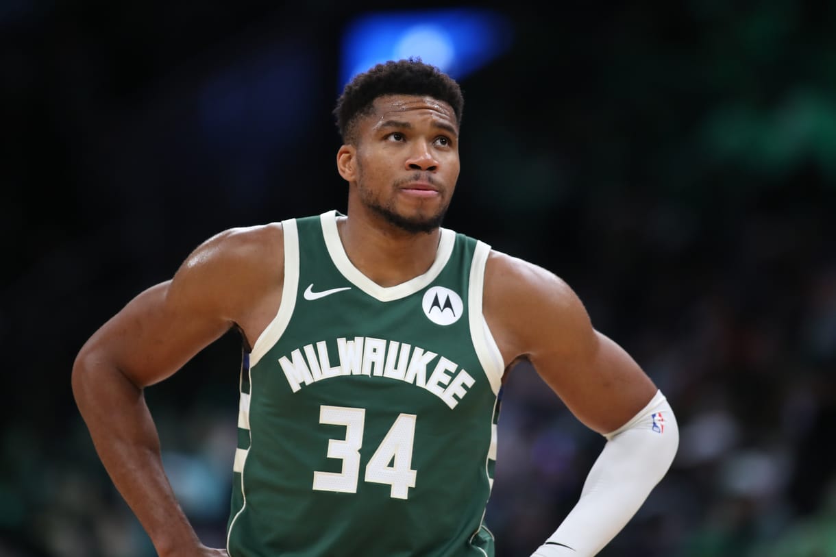 Oct 28, 2024; Boston, Massachusetts, USA; Milwaukee Bucks forward Giannis Antetokounmpo (34) reacts during the second half against the Boston Celtics at TD Garden. Mandatory Credit: Paul Rutherford-Imagn Images