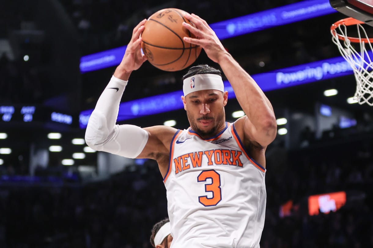 Jan 21, 2025; Brooklyn, New York, USA;  New York Knicks guard Josh Hart (3) grabs a rebound in the fourth quarter against the Brooklyn Nets at Barclays Center. Mandatory Credit: Wendell Cruz-Imagn Images