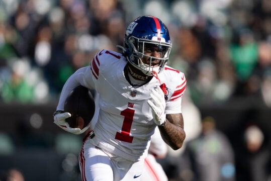 Jan 5, 2025; Philadelphia, Pennsylvania, USA; New York Giants wide receiver Malik Nabers (1) runs with the ball against the Philadelphia Eagles during the first quarter at Lincoln Financial Field. Mandatory Credit: Bill Streicher-Imagn Images