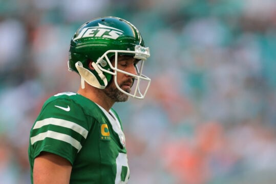 Dec 8, 2024; Miami Gardens, Florida, USA; New York Jets quarterback Aaron Rodgers (8) reacts on the field against the Miami Dolphins during the fourth quarter at Hard Rock Stadium. Mandatory Credit: Sam Navarro-Imagn Images, new york giants