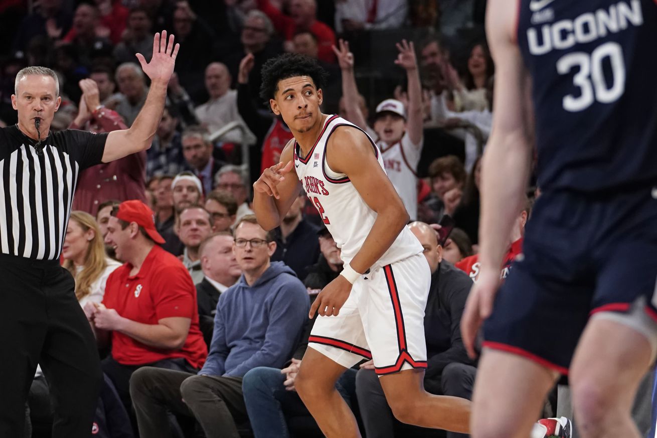 R.J. Luis (#12) celebrates after making a three-point jumper in the St. John’s Red Storm vs. UConn Huskies men’s basketball game at Madison Square Garden in New York, New York on Sunday, February 23, 2025. Photo credit to Chris Hagan.