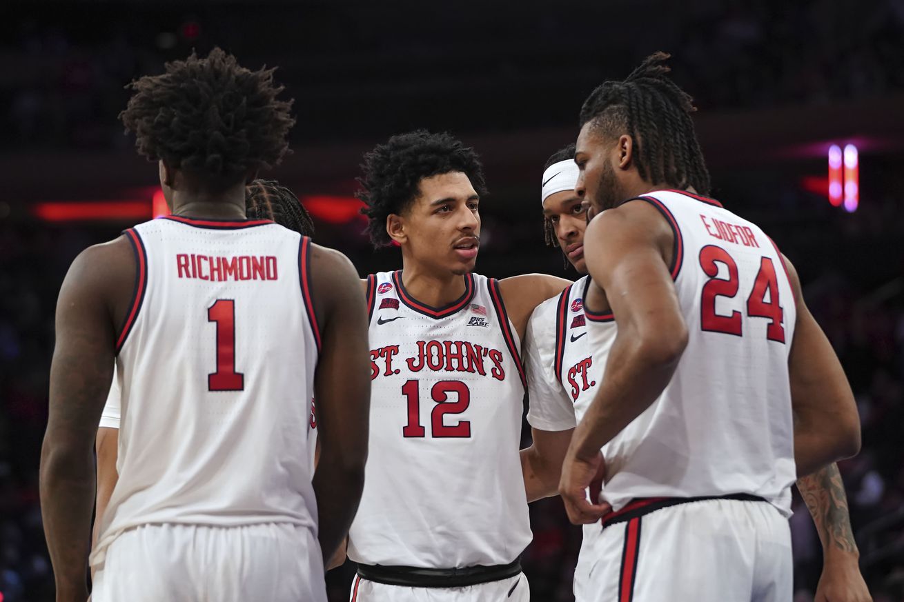 R.J. Luis (#12) talks with his teammates during the St. John’s Red Storm vs. Marquette Golden Eagles men’s basketball game at Madison Square Garden on Tuesday, February 4, 2025. Photo credit to Chris Hagan.