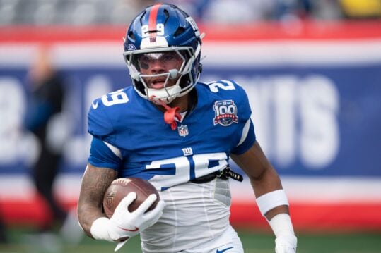 New York Giants running back Tyrone Tracy Jr. (29) runs with the ball during warmups before a game between New York Giants and Indianapolis Colts at MetLife Stadium on Sunday, Dec. 29, 2024.