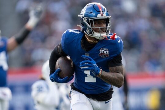 New York Giants wide receiver Malik Nabers (1) runs into the end zone for a touchdown in there second quarter during a game between New York Giants and Indianapolis Colts at MetLife Stadium on Sunday, Dec. 29, 2024.