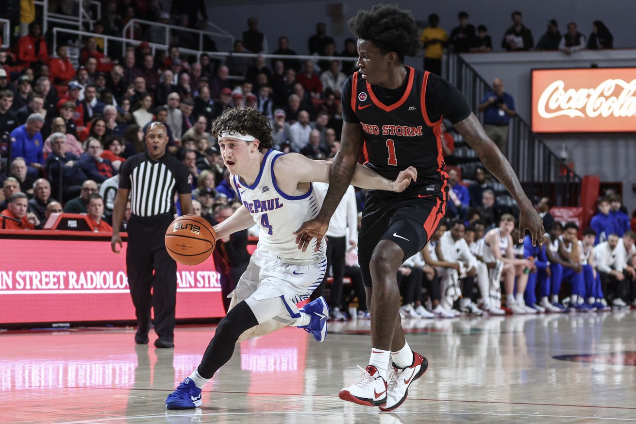 Dec 17, 2024; Queens, New York, USA; DePaul Blue Demons guard Conor Enright (4) drives past St. John’s Red Storm guard Kadary Richmond (1) in the first half at Carnesecca Arena. Mandatory Credit: Wendell Cruz-Imagn Images