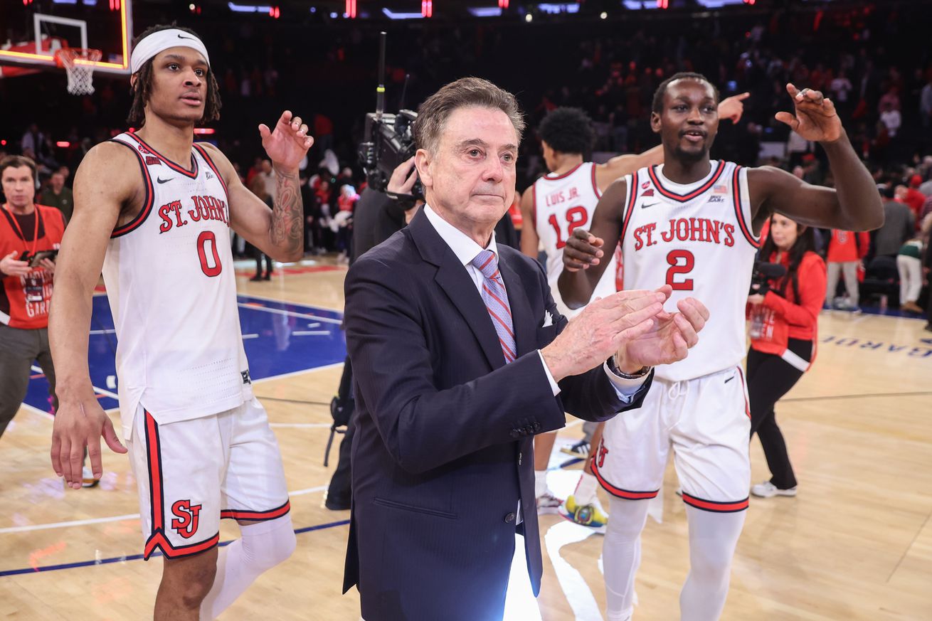 Jan 11, 2025; New York, New York, USA; St. John’s Red Storm head coach Rick Pitino leads the team back onto the floor after a 80-68 victory over the Villanova Wildcats at Madison Square Garden. Mandatory Credit: Wendell Cruz-Imagn Images