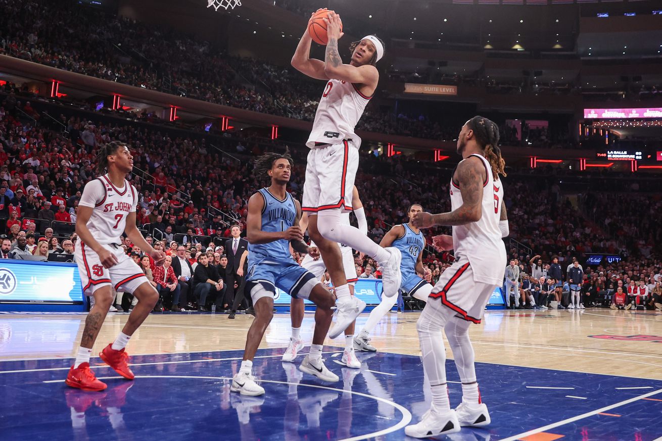 Jan 11, 2025; New York, New York, USA; St. John’s Red Storm guard Aaron Scott (0) at Madison Square Garden. Mandatory Credit: Wendell Cruz-Imagn Images