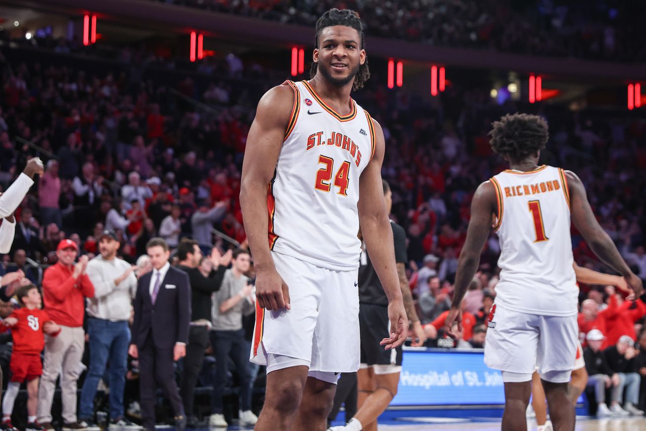 Feb 1, 2025; New York, New York, USA; St. John’s Red Storm forward Zuby Ejiofor (24) smiles to the fans before heading to the free throw line in the second half against the Providence Friars at Madison Square Garden. Mandatory Credit: Wendell Cruz-Imagn Images