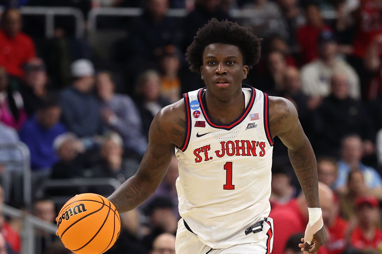 PROVIDENCE, RHODE ISLAND - MARCH 20: Kadary Richmond #1 of St. John’s Red Storm dribbles the ball during the first half in the first round of the NCAA Men’s Basketball Tournament against the Omaha Mavericks at Amica Mutual Pavillion on March 20, 2025 in Providence, Rhode Island.