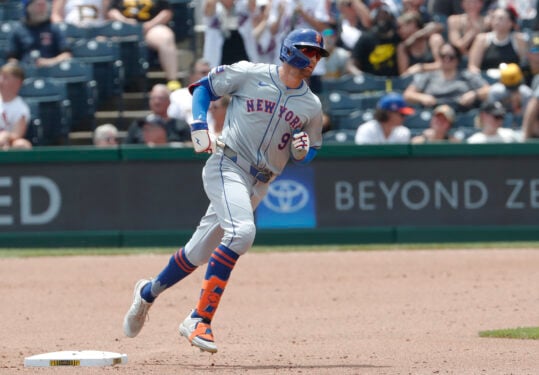 Jul 8, 2024; Pittsburgh, Pennsylvania, USA;  New York Mets left fielder Brandon Nimmo (9) circles the bases on a two run home run against the Pittsburgh Pirates during the sixth inning at PNC Park. Mandatory Credit: Charles LeClaire-USA TODAY Sports