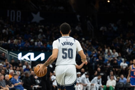 Dec 15, 2024; Orlando, Florida, USA; Orlando Magic guard Cole Anthony (50) dribbles the ball against the New York Knicks in the second quarter  at Kia Center. Mandatory Credit: Jeremy Reper-Imagn Images