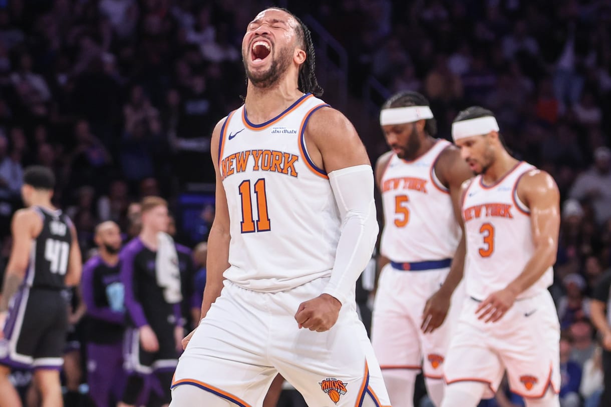 Jan 25, 2025; New York, New York, USA;  New York Knicks guard Jalen Brunson (11) celebrates during a timeout called by the Sacramento Kings in the third quarter at Madison Square Garden. Mandatory Credit: Wendell Cruz-Imagn Images