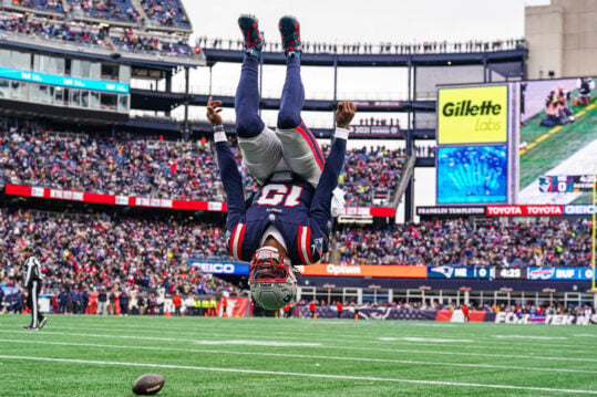 Jan 5, 2025; Foxborough, Massachusetts, USA; New England Patriots quarterback Joe Milton III (19) reacts after runs the ball for a touchdown against the Buffalo Bills in the first quarter at Gillette Stadium. Mandatory Credit: David Butler II-Imagn Images