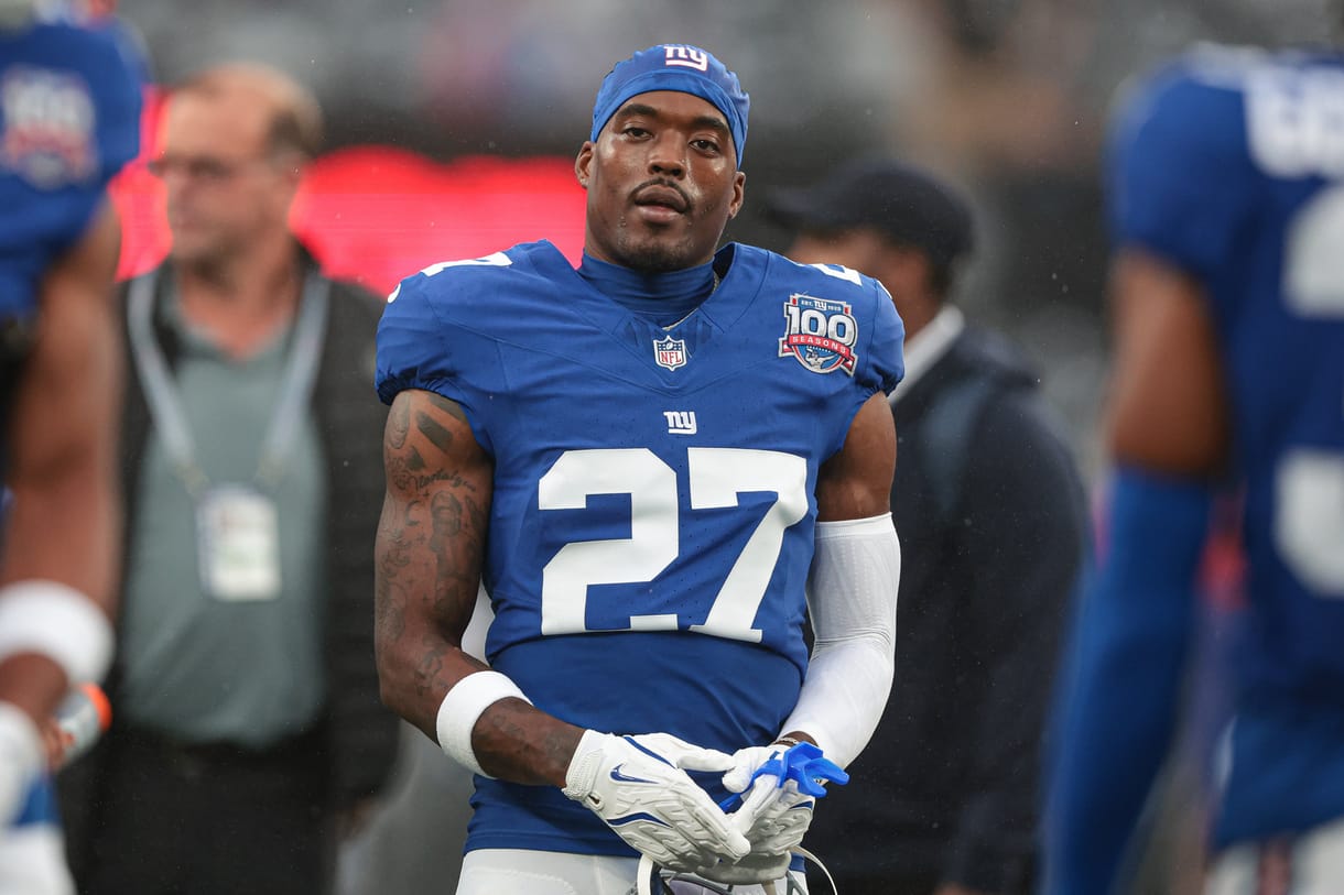 Aug 8, 2024; East Rutherford, New Jersey, USA; New York Giants safety Jason Pinnock (27) looks on before the game against the Detroit Lions at MetLife Stadium. Mandatory Credit: Vincent Carchietta-Imagn Images