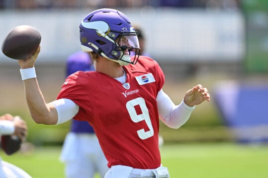 Aug 3, 2024; Eagan, MN, USA; Minnesota Vikings quarterback J.J. McCarthy (9) warms up during practice at Vikings training camp in Eagan, MN. Mandatory Credit: Jeffrey Becker-USA TODAY Sports