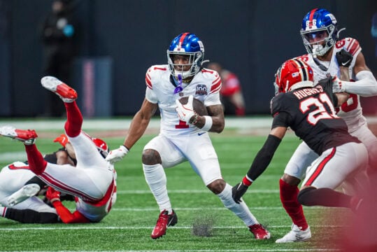 Dec 22, 2024; Atlanta, Georgia, USA; New York Giants wide receiver Malik Nabers (1) runs after a catch against the Atlanta Falcons during the first half at Mercedes-Benz Stadium. Mandatory Credit: Dale Zanine-Imagn Images