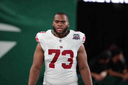 Aug 24, 2024; East Rutherford, New Jersey, USA; New York Giants offensive tackle Evan Neal (73) after the game at MetLife Stadium. Mandatory Credit: Vincent Carchietta-Imagn Images