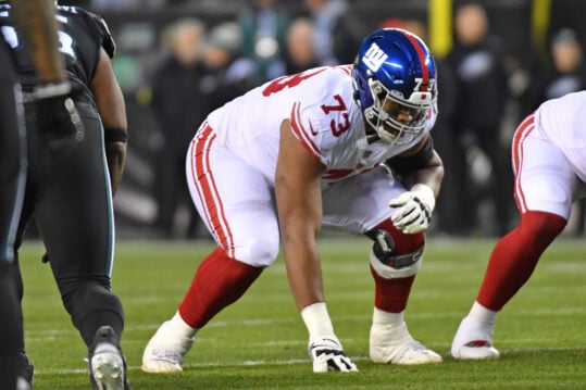 Jan 8, 2023; Philadelphia, Pennsylvania, USA; New York Giants offensive tackle Evan Neal (73) against the Philadelphia Eagles at Lincoln Financial Field. Mandatory Credit: Eric Hartline-USA TODAY Sports