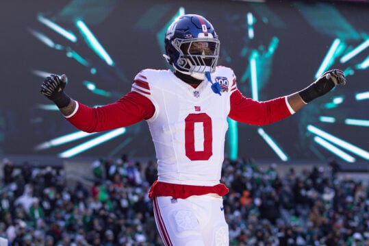 Jan 5, 2025; Philadelphia, Pennsylvania, USA; New York Giants linebacker Brian Burns (0) takes the field for action against the Philadelphia Eagles at Lincoln Financial Field. Mandatory Credit: Bill Streicher-Imagn Images