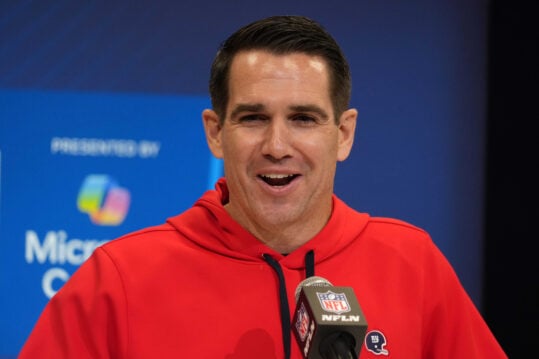 Feb 25, 2025; Indianapolis, IN, USA; New York Giants general manager Joe Schoen speaks during the NFL Scouting Combine at the Indiana Convention Center. Mandatory Credit: Kirby Lee-Imagn Images