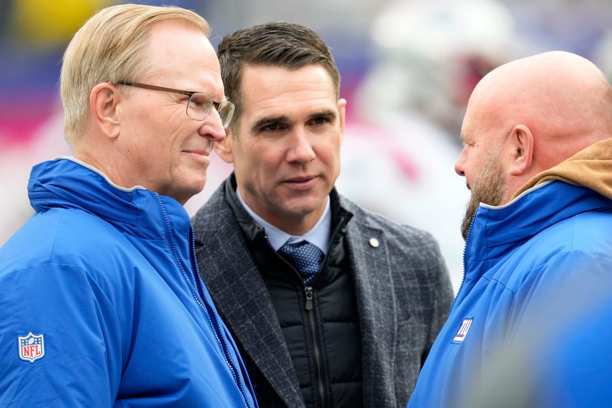 New York Giants co-owner John Mara (left) and New York Giants General Manager, Joe Schoen, speak with New York Giants Head Coach, Brian Daboll, at MetLife Stadium before their team hosts the New England Patriots, Sunday, November 26, 2023.