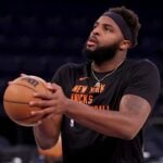 New York Knicks center Mitchell Robinson (23) warms up before game five of the first round of the 2024 NBA playoffs against the Philadelphia 76ers at Madison Square Garden.