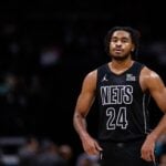 Mar 8, 2025; Charlotte, North Carolina, USA; Brooklyn Nets guard Cam Thomas (24) looks on during a break against the Charlotte Hornets during the second quarter at Spectrum Center. Mandatory Credit: Scott Kinser-Imagn Images