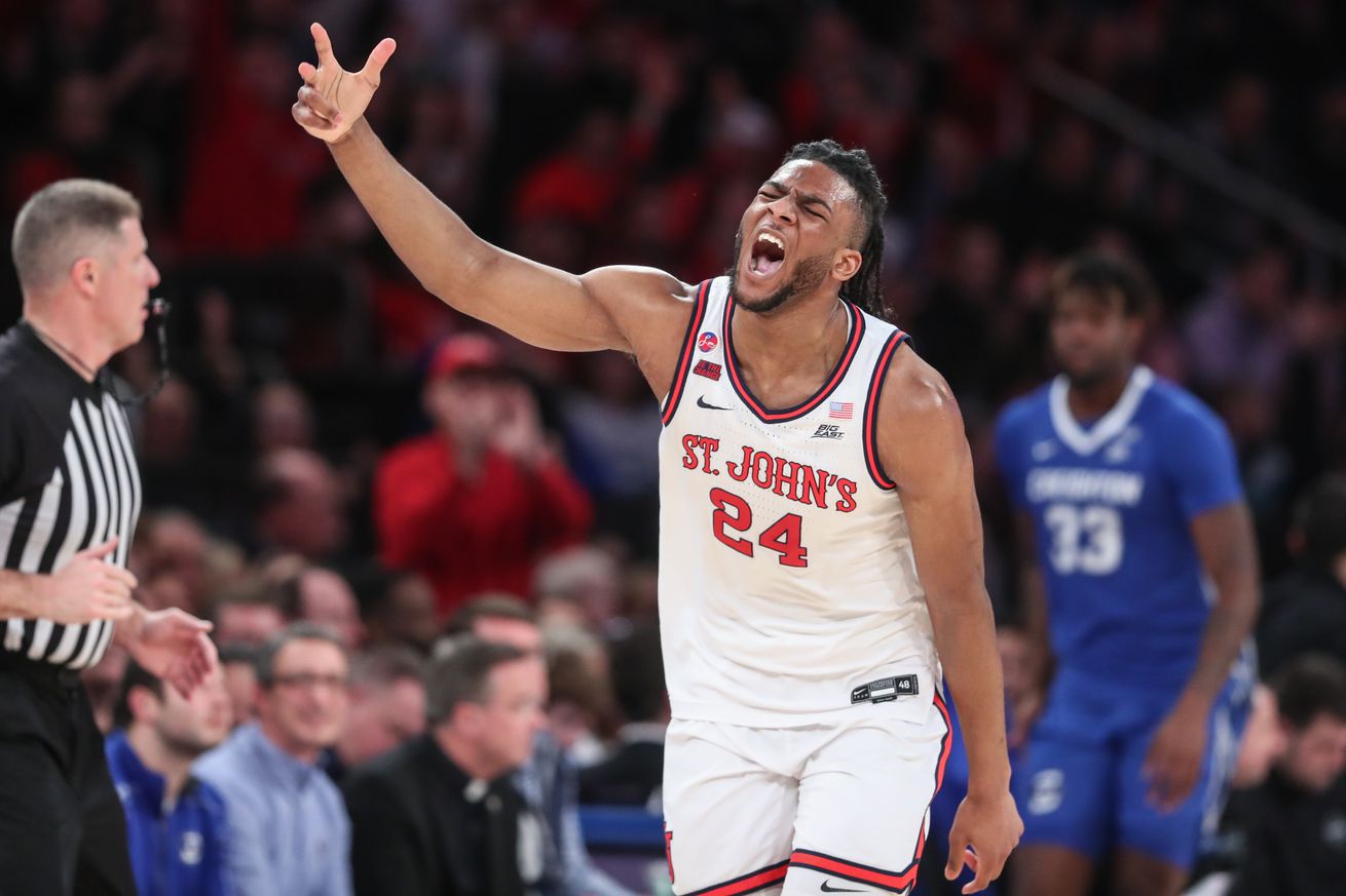 Feb 16, 2025; New York, New York, USA; St. John’s Red Storm forward Zuby Ejiofor (24) gestures after making a three point shot in the first half against the Creighton Bluejays at Madison Square Garden. Mandatory Credit: Wendell Cruz-Imagn Images