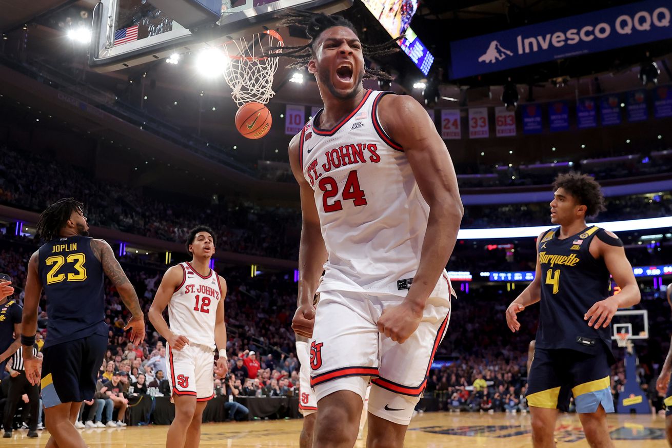 Mar 14, 2025; New York, NY, USA; St. John’s Red Storm forward Zuby Ejiofor (24) reacts after a basket and a foul during the second half against the Marquette Golden Eagles at Madison Square Garden. Mandatory Credit: Brad Penner-Imagn Images